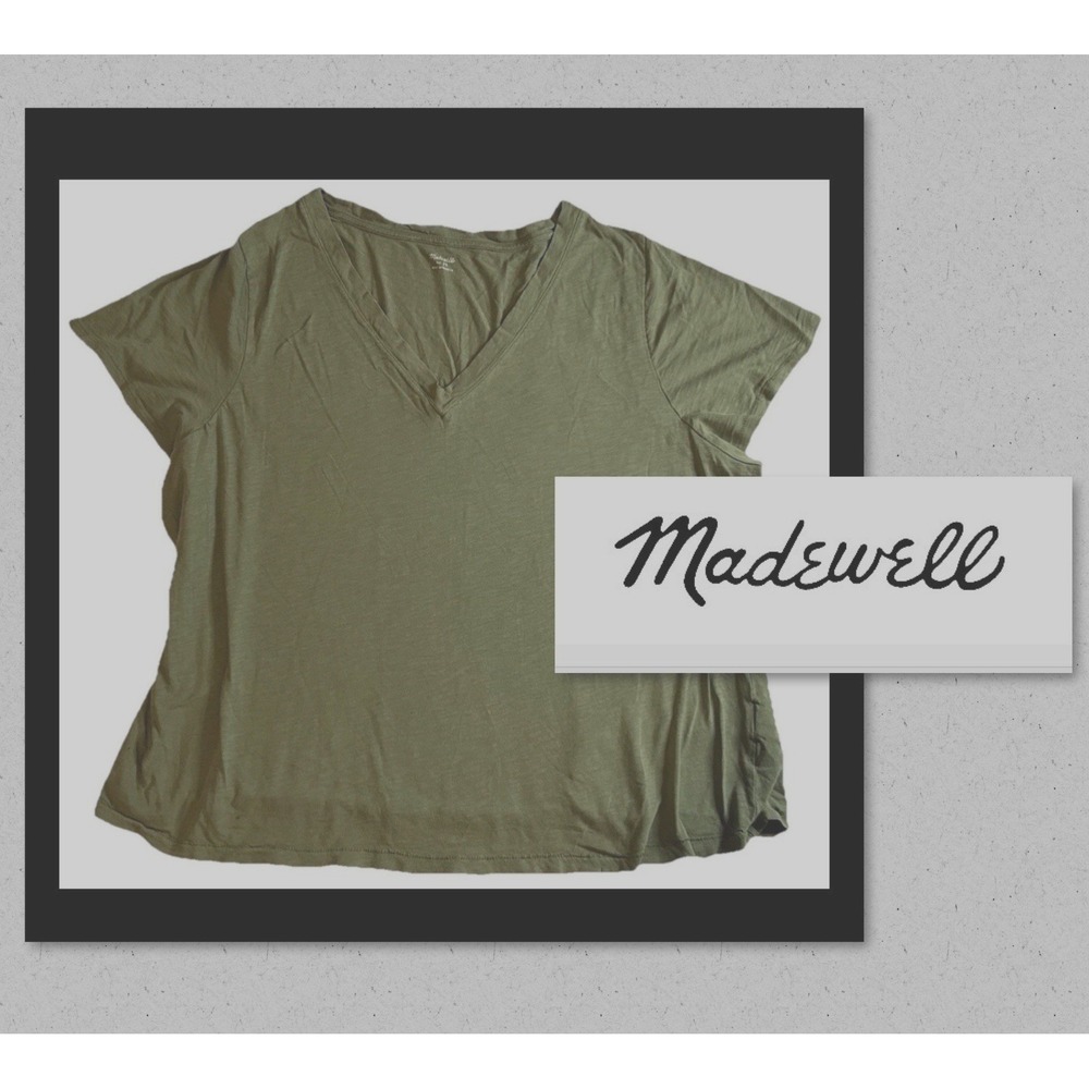 Madewell Women's 2X V-Neck T-Shirt Olive Green 100% Cotton Size XXL Short Sleeve